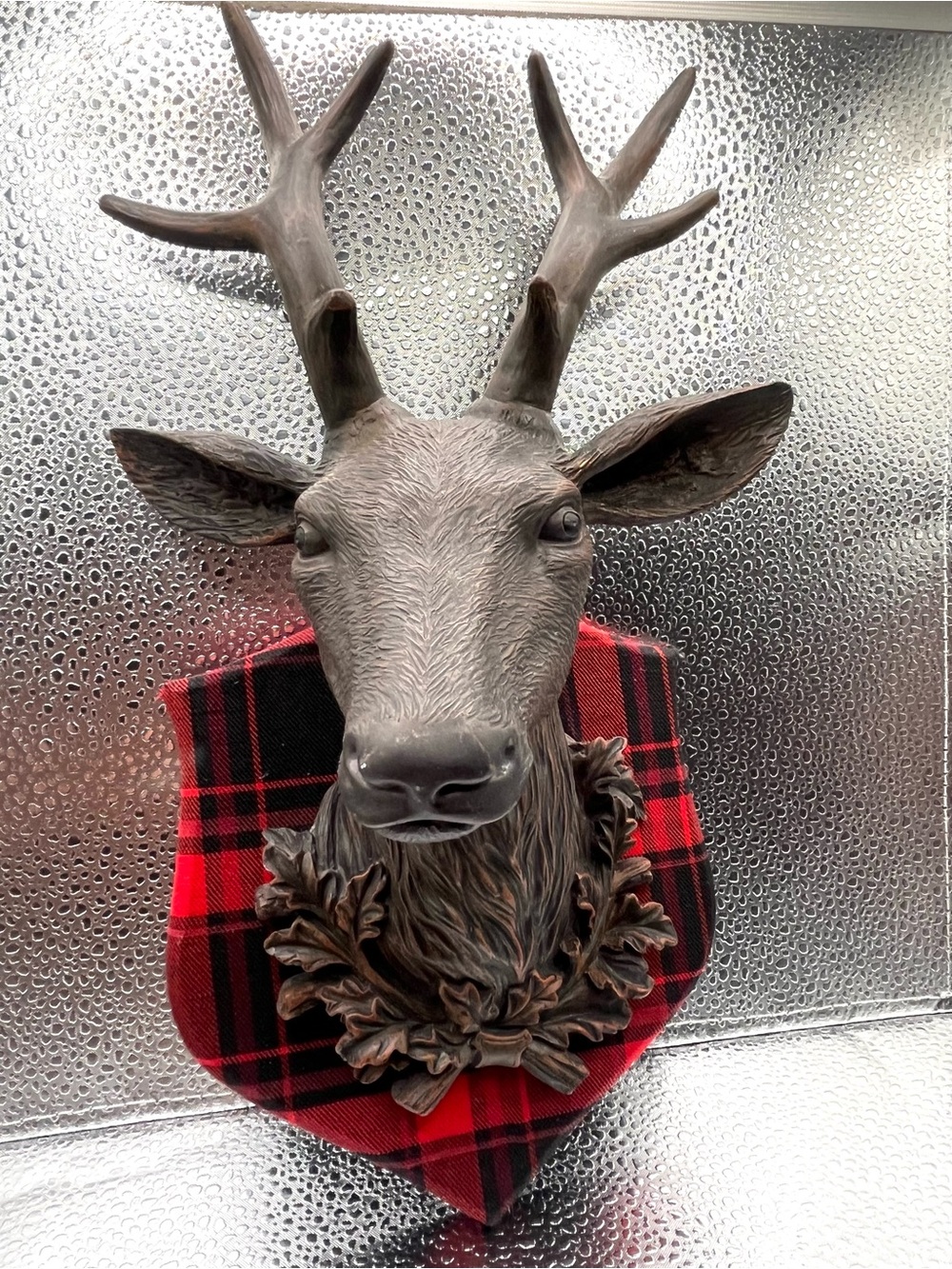 Rustic Stag Head Wall Decor - Red Plaid Holiday Mount